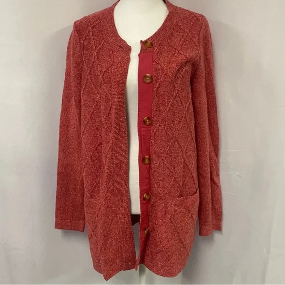 L.L Bean Cotton Cable-knit Button Cardigan Sweater Coral Medium